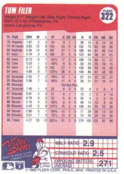 Tom Filer Milwaukee Brewers Baseball Card with player stats on pink cardstock