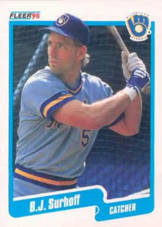 Milwaukee Brewers catcher B.J. Surhoff in batting stance on 1990 Fleer baseball card