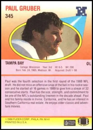 Football trading card of Paul Gruber in white uniform, featuring original gloss