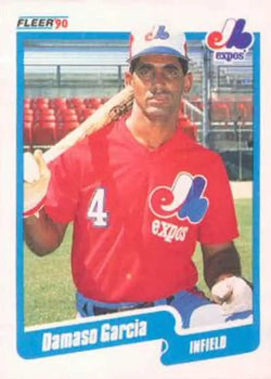 Montreal Expos Baseball card featuring Damaso Garcia in red jersey holding bat