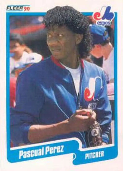 1990 Fleer Pascual Perez Montreal Expos Baseball Card in blue team jacket