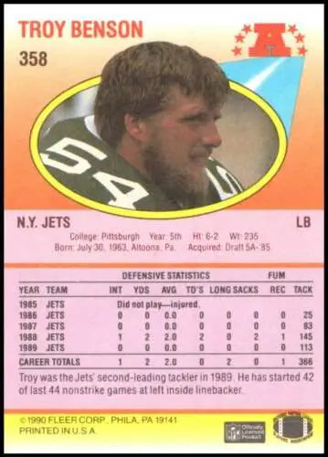 1989 NFL football card of Troy Benson, Jets linebacker, original gloss, NM-MT condition