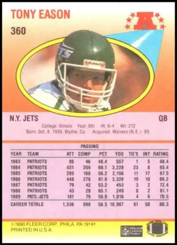 Football trading card of NY Jets quarterback Tony Eason in black helmet, original gloss