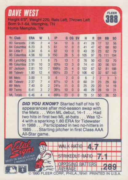 David West 1990 Fleer baseball card showcasing Minnesota Twins player statistics