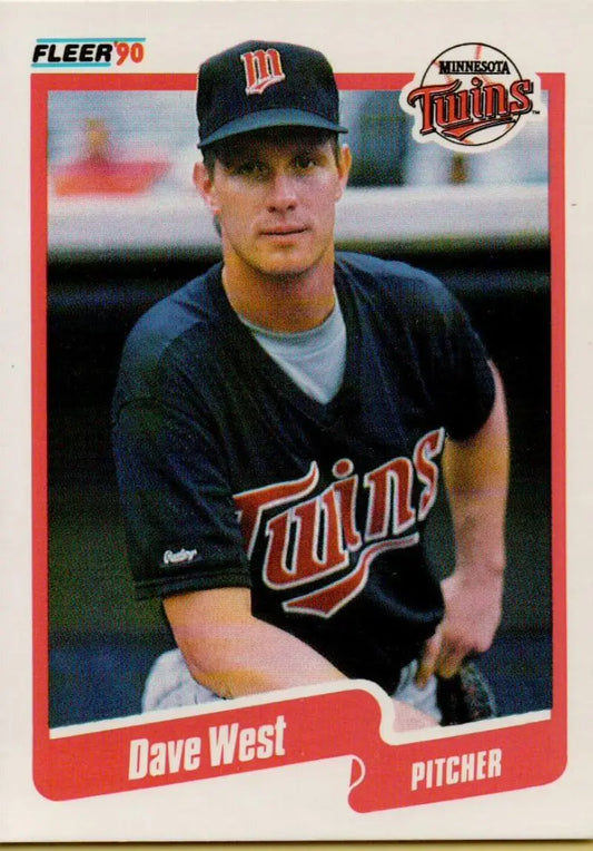 1990 Fleer baseball card of David West, Minnesota Twins pitcher in navy blue uniform