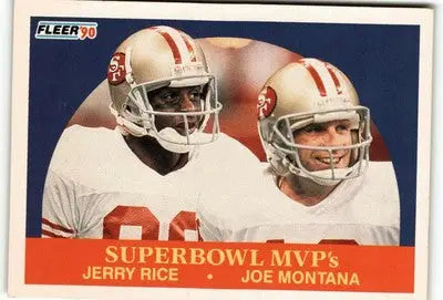 Football trading card featuring Jerry Rice and Joe Montana Superbowl MVPs from 1990 Fleer