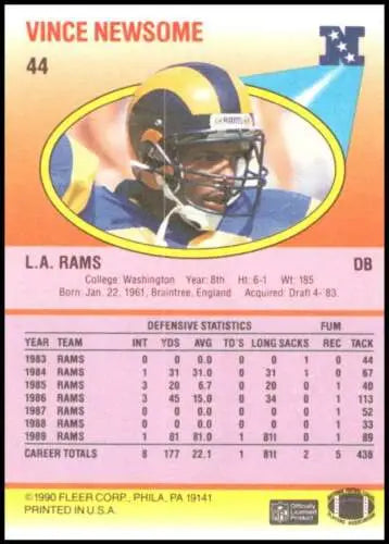 1990 Fleer #44 Vince Newsome NM-MT RC Rookie LA Rams original gloss football card