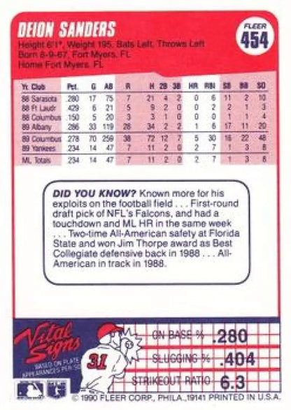 1990 Fleer baseball card featuring Deion Sanders statistics with New York Yankees details