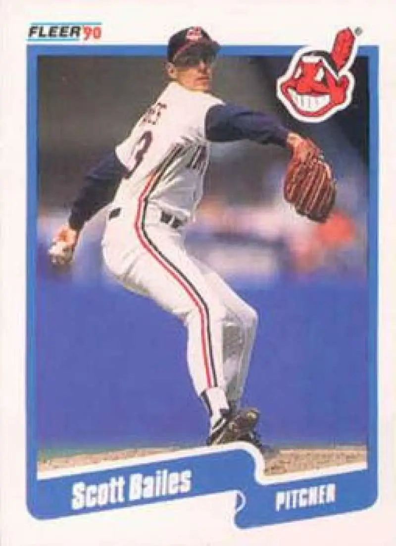 Cleveland Indians Baseball Card of Scott Bailes in mid-throwing motion, white uniform