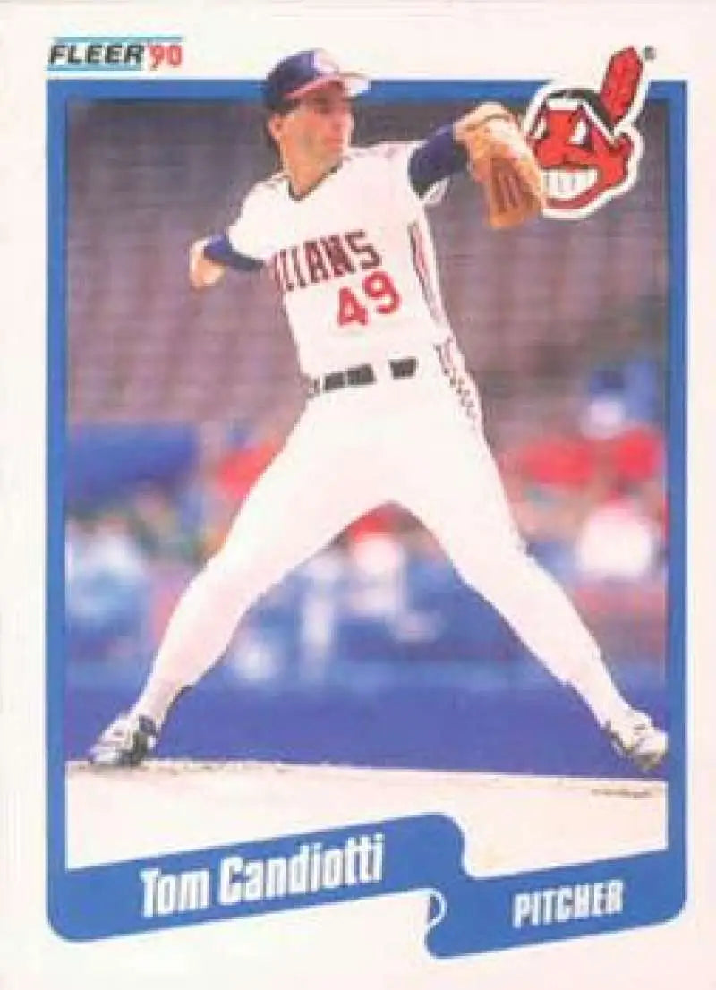 1993 Fleer baseball card of Tom Candiotti, Cleveland Indians pitcher #49 mid-delivery