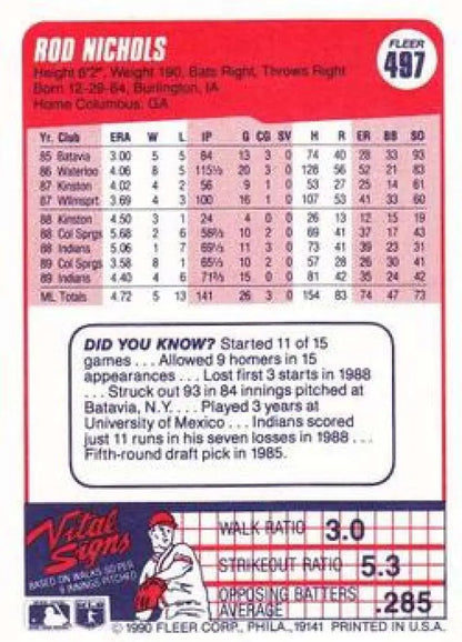 1990 Fleer #497 Rod Nichols Baseball Card featuring Cleveland Indians statistics and info