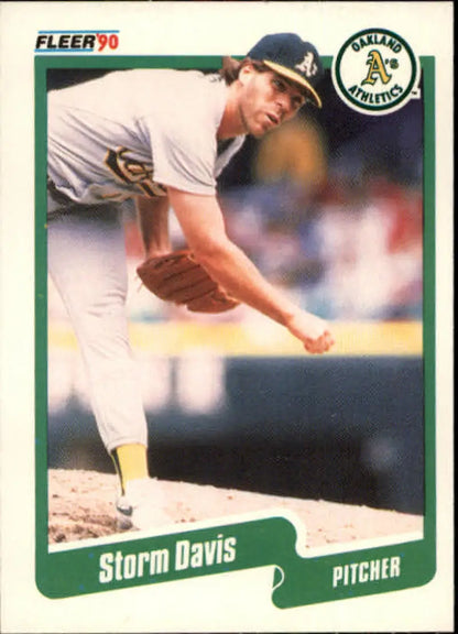 1990 Fleer baseball card of Storm Davis delivering for Oakland Athletics
