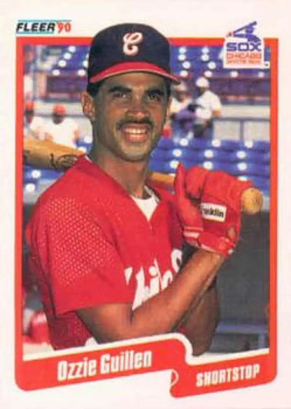 1990 Fleer Ozzie Guillen baseball card featuring Chicago White Sox shortstop in red uniform