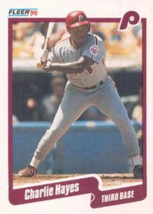 1990 Fleer baseball card featuring Charlie Hayes of the Philadelphia Phillies at bat
