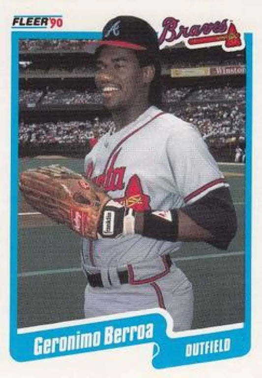 1990 Fleer #575 Geronimo Berroa baseball card featuring Atlanta Braves player in white uniform