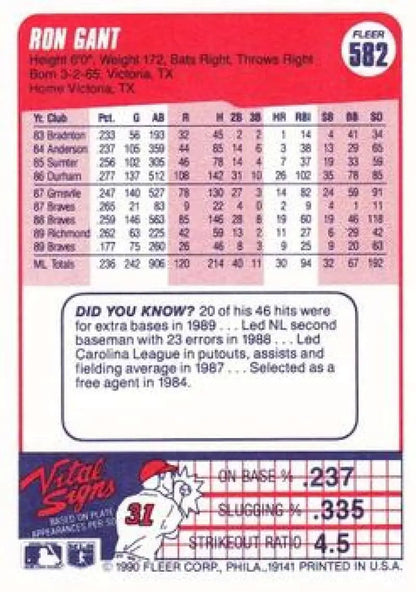 1990 Fleer Ron Gant NM-MT Atlanta Braves Baseball Card with pink color scheme