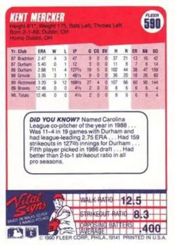 Kent Mercker baseball card from 1990 Fleer featuring original gloss for collectors