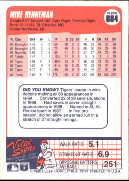 Mike Henneman Detroit Tigers Baseball Card displaying player stats in pink color scheme