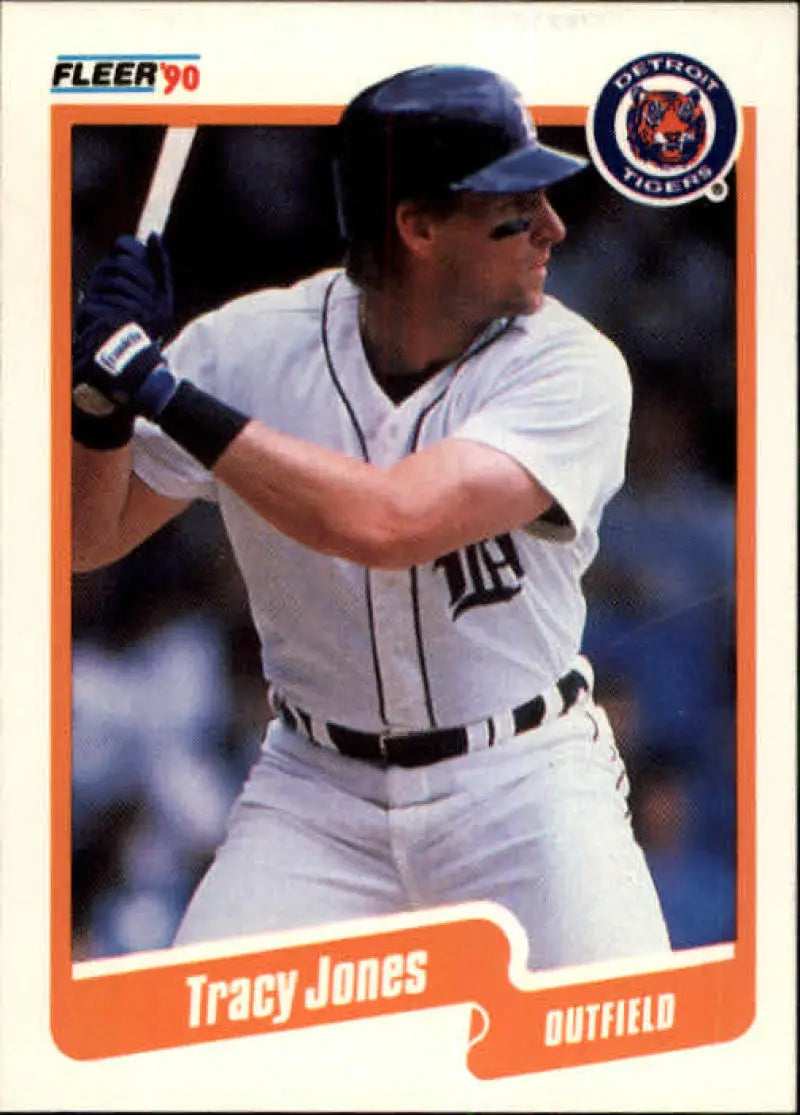 1990 Fleer Tracy Jones NM-MT Detroit Tigers Baseball Card featuring outfielder at bat