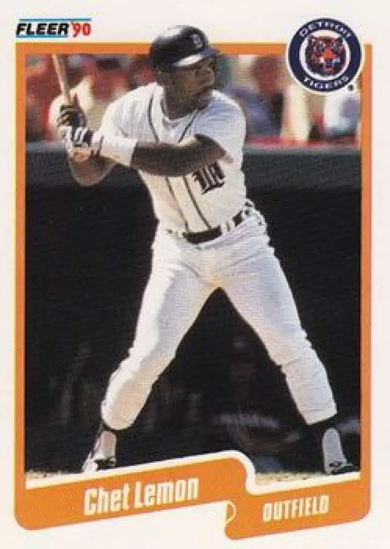 Chet Lemon at bat in a white uniform on a Detroit Tigers baseball card