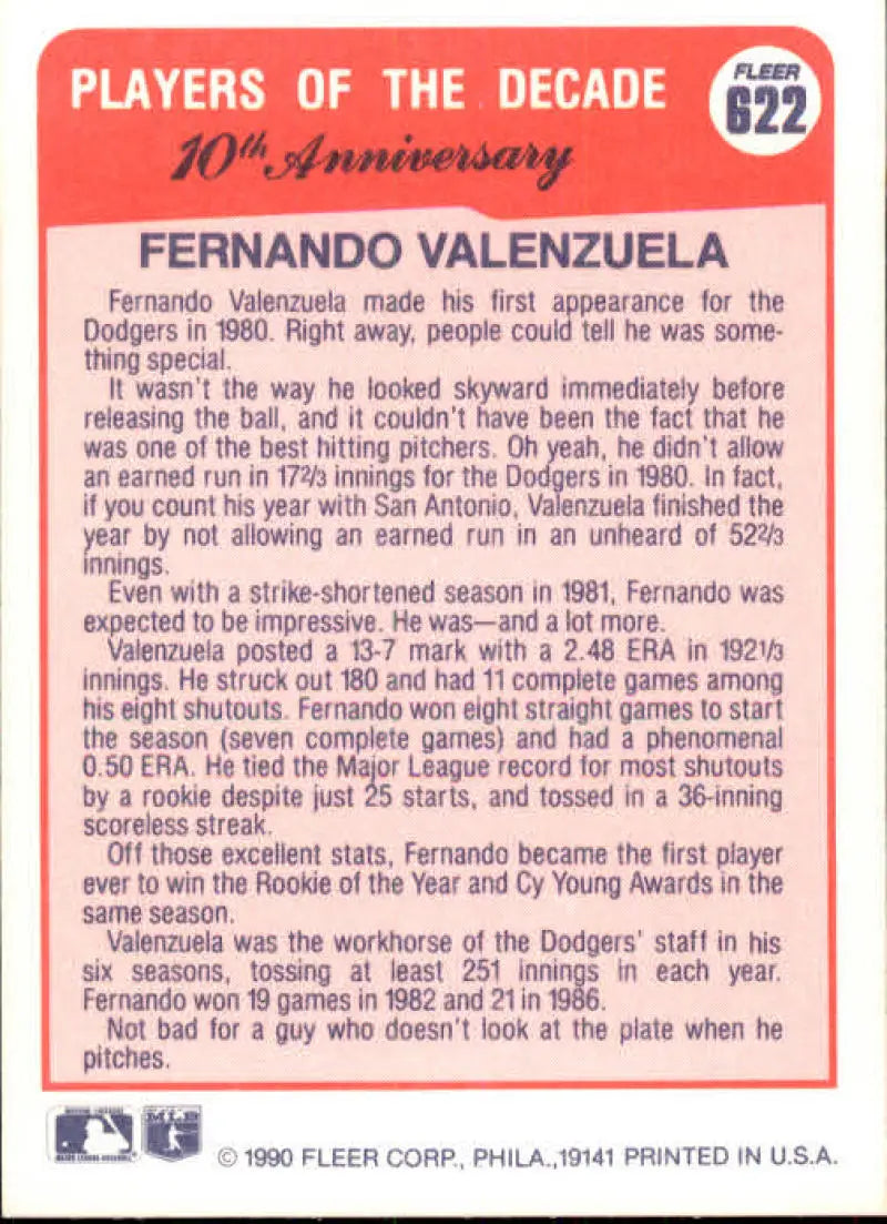 Fernando Valenzuela baseball card showcasing achievements with Los Angeles Dodgers in the 1980s