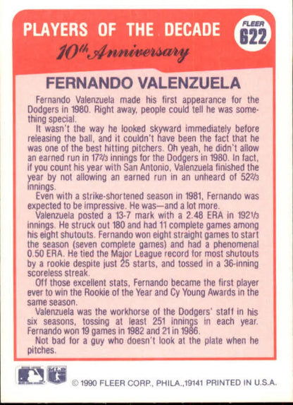 Fernando Valenzuela baseball card showcasing achievements with Los Angeles Dodgers in the 1980s