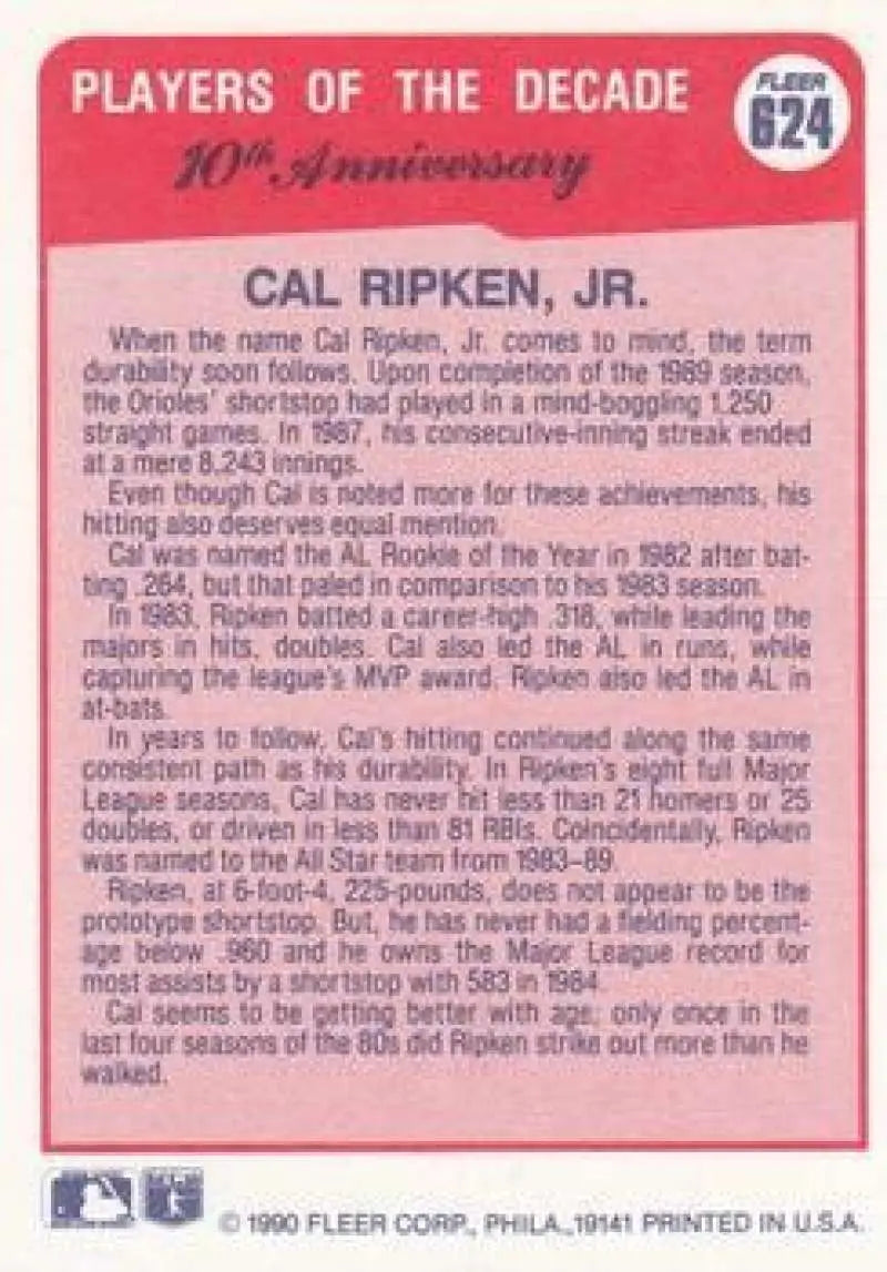 Pink Fleer Players of the Decade baseball card featuring Cal Ripken Jr. Baltimore Orioles