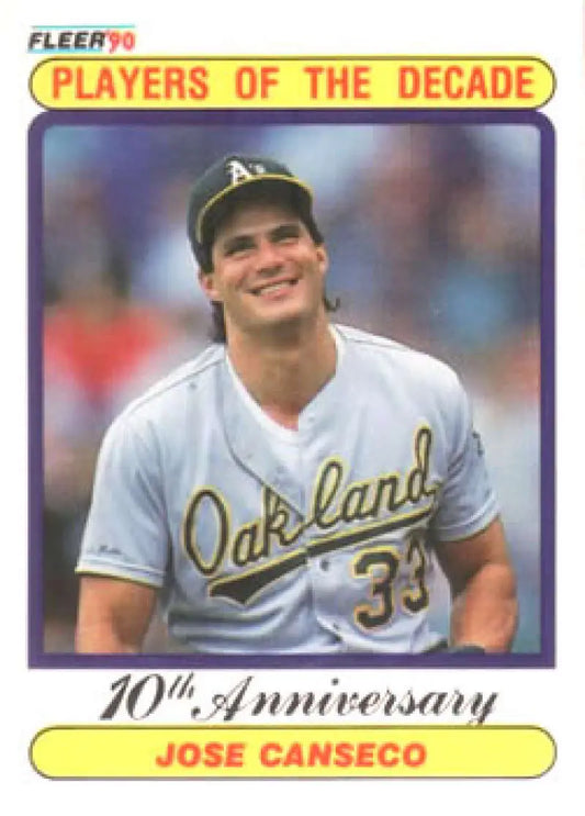 Fleer baseball card of Jose Canseco wearing jersey number 33 for Oakland Athletics