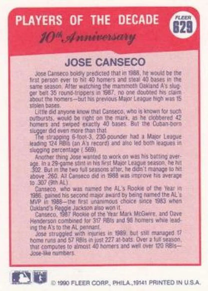 Baseball card featuring Jose Canseco from the Oakland Athletics 1990 Fleer series