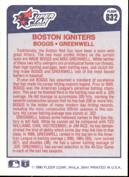 Baseball card back featuring Wade Boggs and Mike Greenwell Red Sox stats and info
