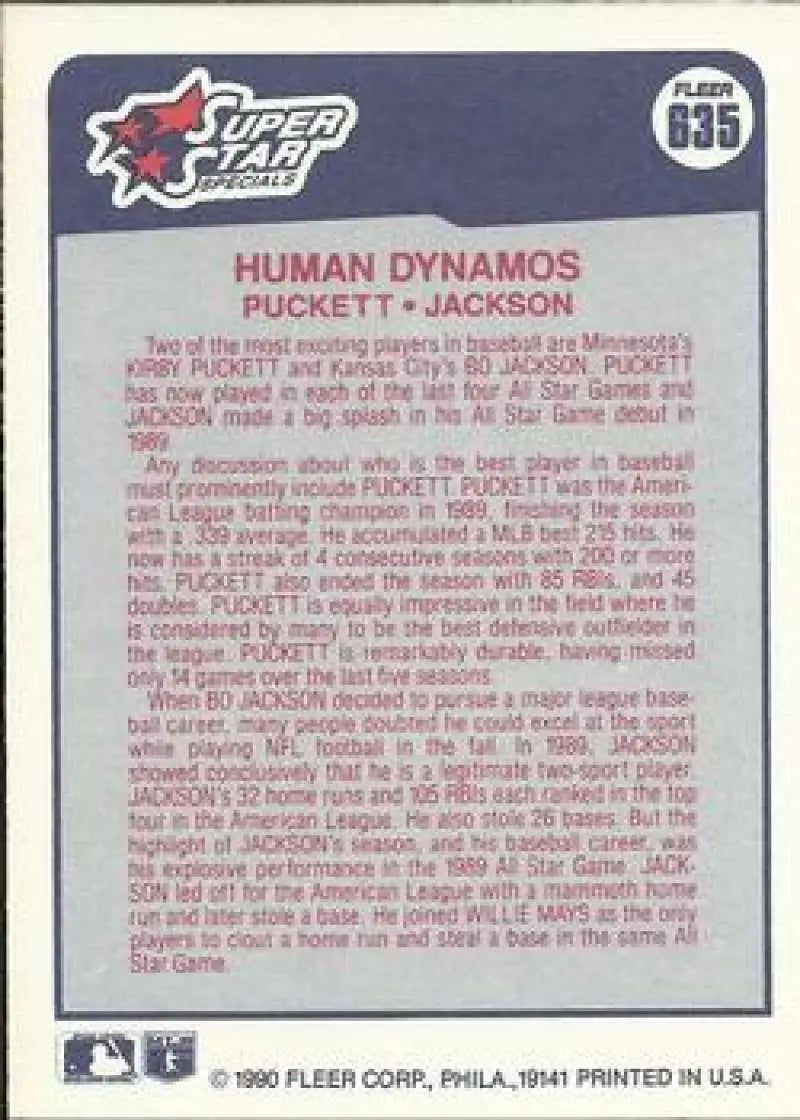 Baseball card back with Kirby Puckett Bo Jackson stats in red and black ink