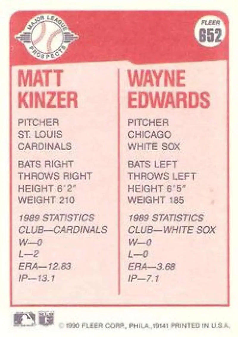 Baseball card featuring Matt Kinzer and Wayne Edwards statistics, Chicago White Sox 1989