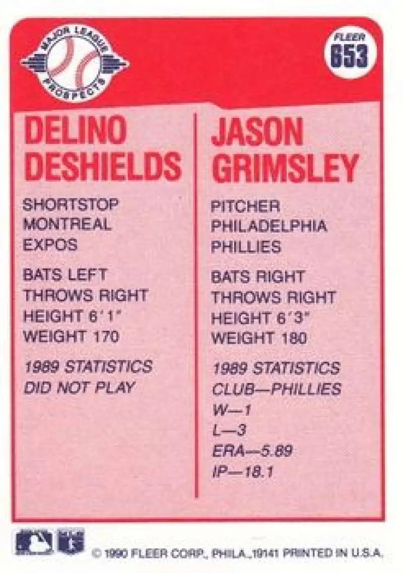 1990 Fleer card featuring Delino DeShields and Jason Grimsley rookie statistics