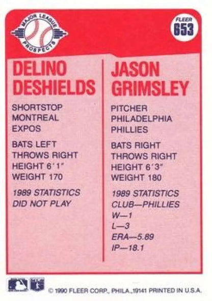 1990 Fleer card featuring Delino DeShields and Jason Grimsley rookie statistics