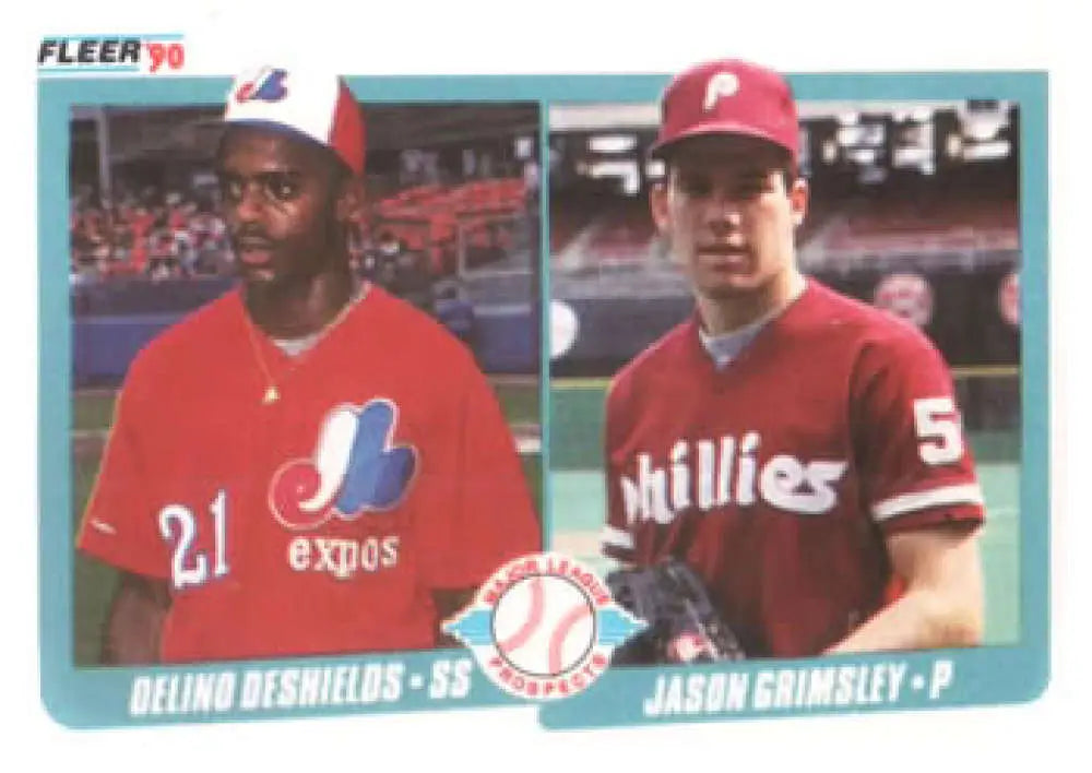 Baseball card featuring Delino DeShields and Jason Grimsley in red uniforms