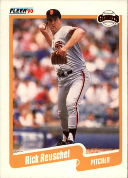 1990 Fleer baseball card of Rick Reuschel, San Francisco Giants pitcher in mid-delivery