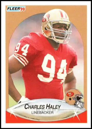 1990 Fleer football card of Charles Haley 49ers linebacker in red jersey, original gloss