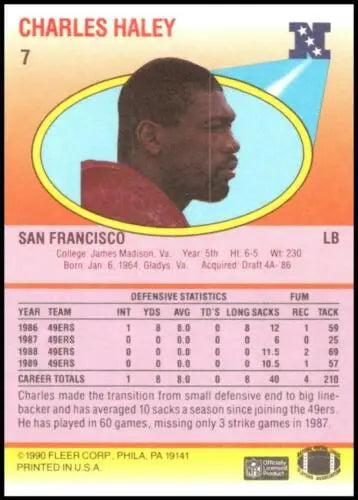 Football trading card featuring Charles Haley in red San Francisco 49ers uniform, original gloss