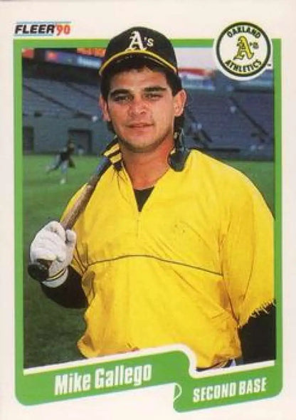 1990 Fleer #7 Mike Gallego Baseball Card of Oakland Athletics in yellow warmup jacket