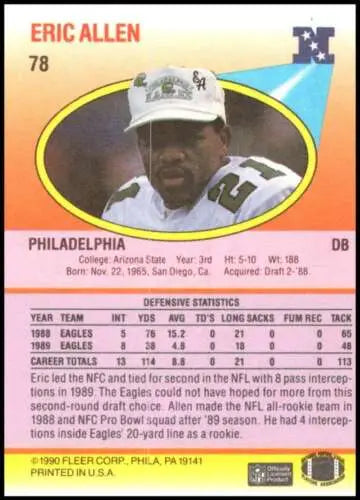 Football trading card 1990 Fleer #78 Eric Allen NM-MT Eagles with original gloss finish