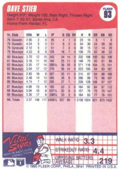 1990 Fleer #93 Dave Stieb Baseball Card showcasing Toronto Blue Jays player stats