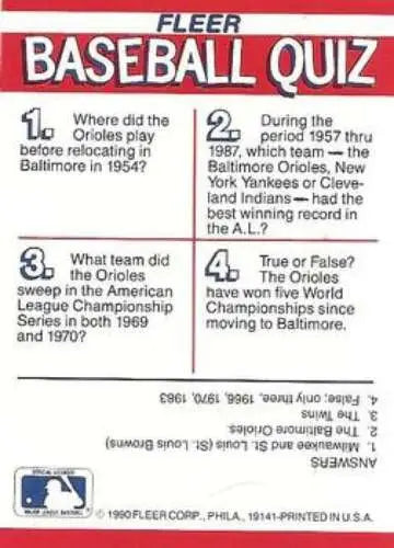 Baseball quiz card from 1990 Fleer Action Series Team Stickers Baltimore Orioles NM-MT