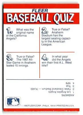 Baseball quiz card from 1990 Fleer NNO California Angels Action Series Team Stickers