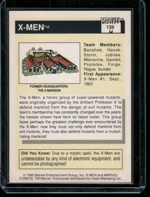 White X-Men trading card from 1990 Impel Marvel Comics featuring a mansion illustration
