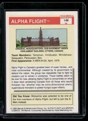 Collectible Impel Marvel Universe Alpha Flight trading card from 1990 Impel Marvel Universe series