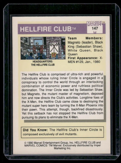 Collectible Marvel trading card featuring the Hellfire Club from 1990 Impel Marvel Universe Black Queen series