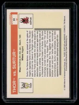 Collectible Impel Marvel Universe Thor vs Surtur trading card from 1990 series