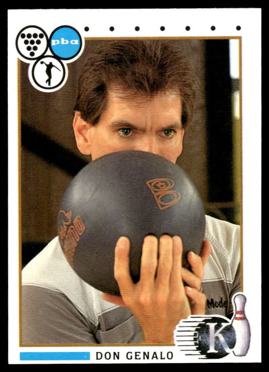 Black bowling ball covering part of face, featuring Don Genalo from PBA Bowling Card