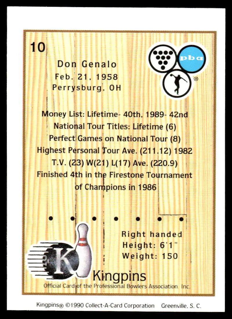 Bowling pin trading card showcasing statistics for Don Genalo, PBA Bowling Card