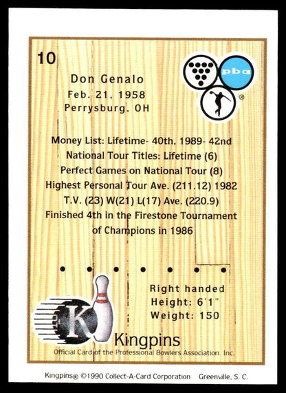 Bowling pin trading card showcasing statistics for Don Genalo, PBA Bowling Card